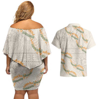 Aloha Pakalana and Puakenikeni Lei Couples Matching Off Shoulder Short Dress and Hawaiian Shirt Beige Hawaiian Pattern