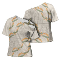 Aloha Pakalana and Puakenikeni Lei Cross Shoulder Shirt Beige Hawaiian Pattern - Polynesian Pride
