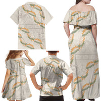Aloha Pakalana and Puakenikeni Lei Family Matching Off Shoulder Maxi Dress and Hawaiian Shirt Beige Hawaiian Pattern