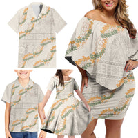 Aloha Pakalana and Puakenikeni Lei Family Matching Off Shoulder Short Dress and Hawaiian Shirt Beige Hawaiian Pattern