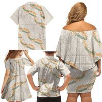 Aloha Pakalana and Puakenikeni Lei Family Matching Off Shoulder Short Dress and Hawaiian Shirt Beige Hawaiian Pattern