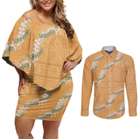 Aloha Pakalana and Puakenikeni Lei Couples Matching Off Shoulder Short Dress and Long Sleeve Button Shirt Gold Hawaiian Pattern