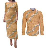 Aloha Pakalana and Puakenikeni Lei Couples Matching Puletasi and Long Sleeve Button Shirt Gold Hawaiian Pattern
