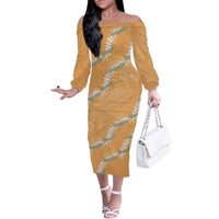 Aloha Pakalana and Puakenikeni Lei Family Matching Off The Shoulder Long Sleeve Dress and Hawaiian Shirt Gold Hawaiian Pattern LT9 Mom's Dress Gold - Polynesian Pride