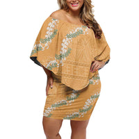 Aloha Pakalana and Puakenikeni Lei Family Matching Off Shoulder Short Dress and Hawaiian Shirt Gold Hawaiian Pattern