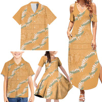 Aloha Pakalana and Puakenikeni Lei Family Matching Summer Maxi Dress and Hawaiian Shirt Gold Hawaiian Pattern