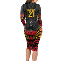 Custom Papua New Guinea Cricket Long Sleeve Bodycon Dress PNG Emblem Mix Polyneisan Pattern LT9 - Polynesian Pride