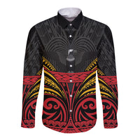 Custom Papua New Guinea Cricket Long Sleeve Button Shirt PNG Emblem Mix Polyneisan Pattern