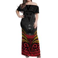Custom Papua New Guinea Cricket Off Shoulder Maxi Dress PNG Emblem Mix Polyneisan Pattern LT9 Women Black - Polynesian Pride