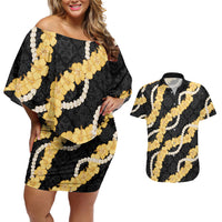 Aloha Melemele Hibiscus Pikake Lei Couples Matching Off Shoulder Short Dress and Hawaiian Shirt Hawaiian Quilt Pattern