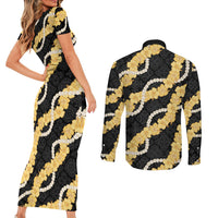 Aloha Melemele Hibiscus Pikake Lei Couples Matching Short Sleeve Bodycon Dress and Long Sleeve Button Shirt Hawaiian Quilt Pattern