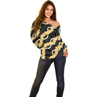 Aloha Melemele Hibiscus Pikake Lei Off Shoulder Sweater Hawaiian Quilt Pattern LT9 - Polynesian Pride