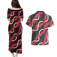 Aloha Ula'ula Hibiscus Pikake Lei Couples Matching Puletasi and Hawaiian Shirt Hawaiian Quilt Pattern