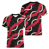 Aloha Ula'ula Hibiscus Pikake Lei Women V-Neck T-Shirt Hawaiian Quilt Pattern