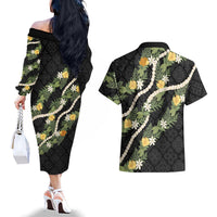 Puakenikeni Anthurium Pikake Lei Couples Matching Off The Shoulder Long Sleeve Dress and Hawaiian Shirt Hawaiian Quilt Pattern