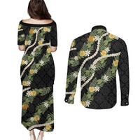Puakenikeni Anthurium Pikake Lei Couples Matching Puletasi and Long Sleeve Button Shirt Hawaiian Quilt Pattern