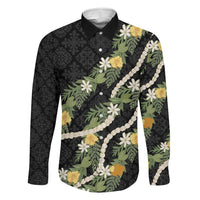 Puakenikeni Anthurium Pikake Lei Family Matching Summer Maxi Dress and Hawaiian Shirt Hawaiian Quilt Pattern LT9 Dad's Shirt - Long Sleeve Black - Polynesian Pride