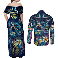 Plumeria Turtles Traditional Tribal Couples Matching Off Shoulder Maxi Dress and Long Sleeve Button Shirt