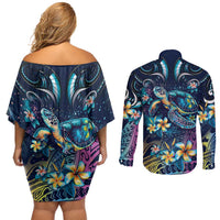 Plumeria Turtles Traditional Tribal Couples Matching Off Shoulder Short Dress and Long Sleeve Button Shirt