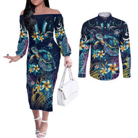 Plumeria Turtles Traditional Tribal Couples Matching Off The Shoulder Long Sleeve Dress and Long Sleeve Button Shirt
