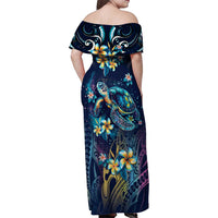 Plumeria Turtles Traditional Tribal Family Matching Off Shoulder Maxi Dress and Hawaiian Shirt