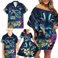 Plumeria Turtles Traditional Tribal Family Matching Off Shoulder Short Dress and Hawaiian Shirt