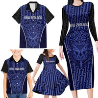 Custom Basketball New Zealand Family Matching Long Sleeve Bodycon Dress and Hawaiian Shirt Blue Maori Ta Moko Indigenous - Polynesian Pride