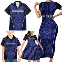 Custom Basketball New Zealand Family Matching Short Sleeve Bodycon Dress and Hawaiian Shirt Blue Maori Ta Moko Indigenous - Polynesian Pride