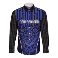 Custom Basketball New Zealand Long Sleeve Button Shirt Blue Maori Ta Moko Indigenous - Polynesian Pride