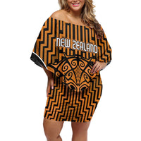 Custom Basketball New Zealand Family Matching Off Shoulder Short Dress and Hawaiian Shirt Gold Maori Ta Moko Indigenous - Polynesian Pride