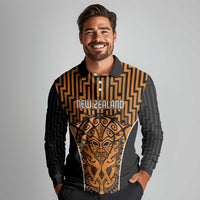 Custom Basketball New Zealand Long Sleeve Polo Shirt Gold Maori Ta Moko Indigenous - Polynesian Pride