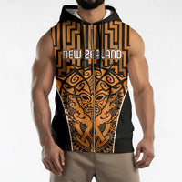 Custom Basketball New Zealand Sleeveless Zip Hoodie Gold Maori Ta Moko Indigenous - Polynesian Pride