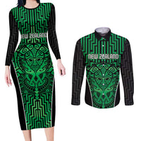 Custom Basketball New Zealand Couples Matching Long Sleeve Bodycon Dress and Long Sleeve Button Shirt Green Maori Ta Moko Indigenous - Polynesian Pride