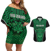 Custom Basketball New Zealand Couples Matching Off Shoulder Short Dress and Hawaiian Shirt Green Maori Ta Moko Indigenous - Polynesian Pride
