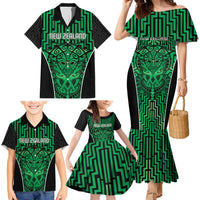 Custom Basketball New Zealand Family Matching Mermaid Dress and Hawaiian Shirt Green Maori Ta Moko Indigenous - Polynesian Pride