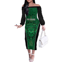 Custom Basketball New Zealand Family Matching Off The Shoulder Long Sleeve Dress and Hawaiian Shirt Green Maori Ta Moko Indigenous - Polynesian Pride