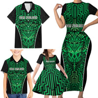 Custom Basketball New Zealand Family Matching Short Sleeve Bodycon Dress and Hawaiian Shirt Green Maori Ta Moko Indigenous - Polynesian Pride