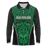 Custom Basketball New Zealand Long Sleeve Polo Shirt Green Maori Ta Moko Indigenous - Polynesian Pride