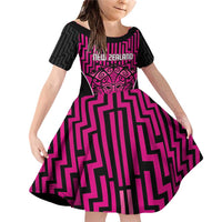 Custom Basketball New Zealand Family Matching Off Shoulder Short Dress and Hawaiian Shirt Pink Maori Ta Moko Indigenous - Polynesian Pride