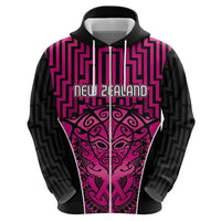 Custom Basketball New Zealand Zip Hoodie Pink Maori Ta Moko Indigenous - Polynesian Pride