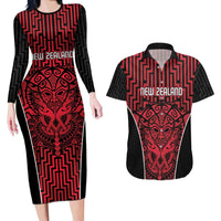 Custom Basketball New Zealand Couples Matching Long Sleeve Bodycon Dress and Hawaiian Shirt Red Maori Ta Moko Indigenous - Polynesian Pride
