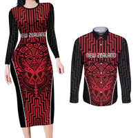 Custom Basketball New Zealand Couples Matching Long Sleeve Bodycon Dress and Long Sleeve Button Shirt Red Maori Ta Moko Indigenous LT9 Red - Polynesian Pride