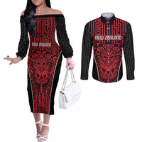 Custom Basketball New Zealand Couples Matching Off The Shoulder Long Sleeve Dress and Long Sleeve Button Shirt Red Maori Ta Moko Indigenous LT9 Red - Polynesian Pride