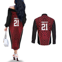 Custom Basketball New Zealand Couples Matching Off The Shoulder Long Sleeve Dress and Long Sleeve Button Shirt Red Maori Ta Moko Indigenous LT9 - Polynesian Pride
