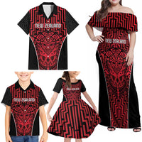 Custom Basketball New Zealand Family Matching Off Shoulder Maxi Dress and Hawaiian Shirt Red Maori Ta Moko Indigenous - Polynesian Pride