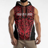 Custom Basketball New Zealand Sleeveless Zip Hoodie Red Maori Ta Moko Indigenous - Polynesian Pride