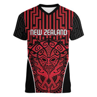 Custom Basketball New Zealand Women V-Neck T-Shirt Red Maori Ta Moko Indigenous - Polynesian Pride