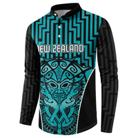 Custom Basketball New Zealand Button Sweatshirt Teal Maori Ta Moko Indigenous - Polynesian Pride