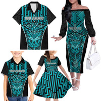 Custom Basketball New Zealand Family Matching Off The Shoulder Long Sleeve Dress and Hawaiian Shirt Teal Maori Ta Moko Indigenous - Polynesian Pride