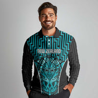Custom Basketball New Zealand Long Sleeve Polo Shirt Teal Maori Ta Moko Indigenous - Polynesian Pride